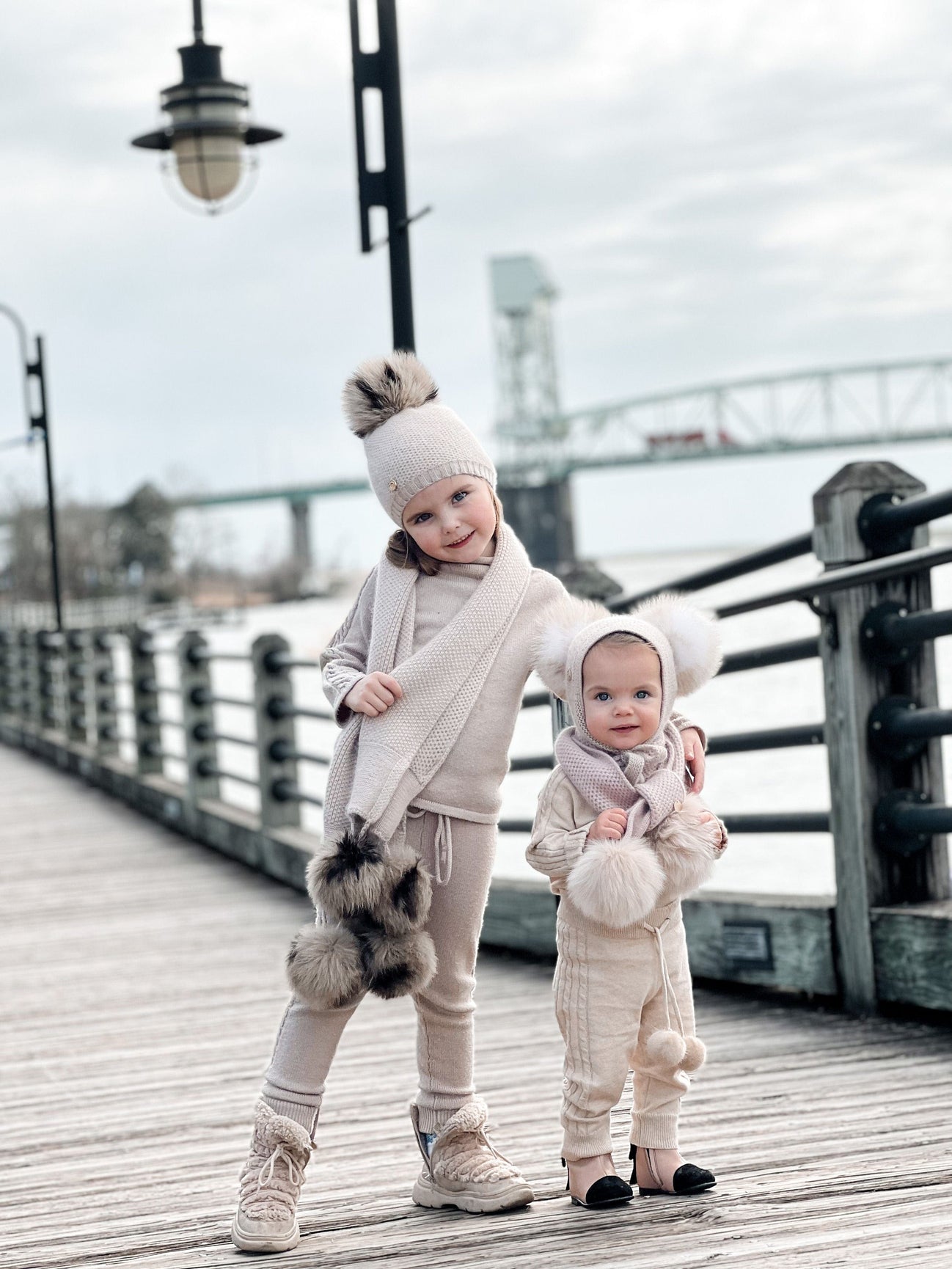 Unisex | Honeycomb Cashmere Fur Pom Scarf Animal Print Fur Poms | Beige