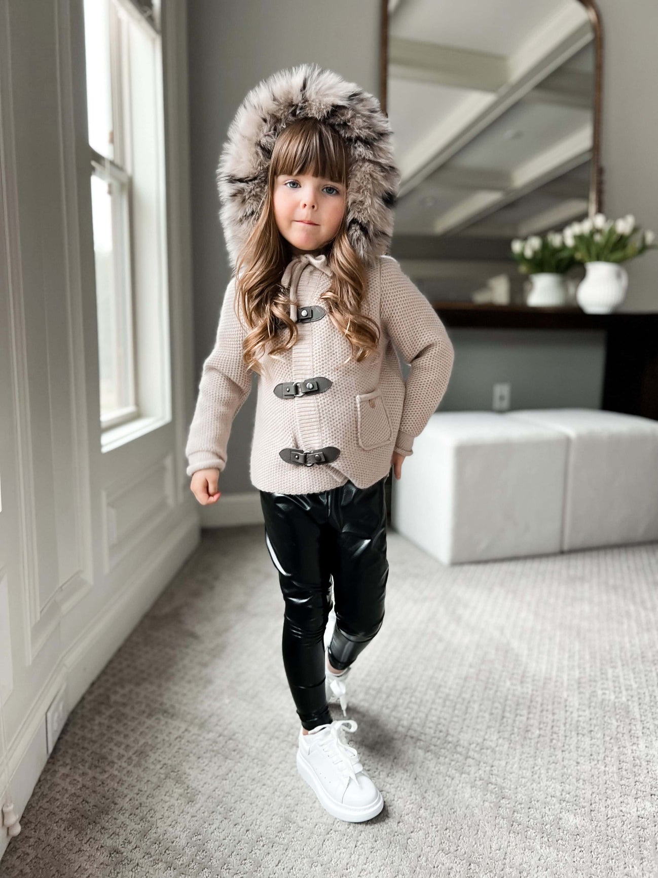 Unisex | Honeycomb Cashmere Pram Coat with Animal Print Trim | Beige