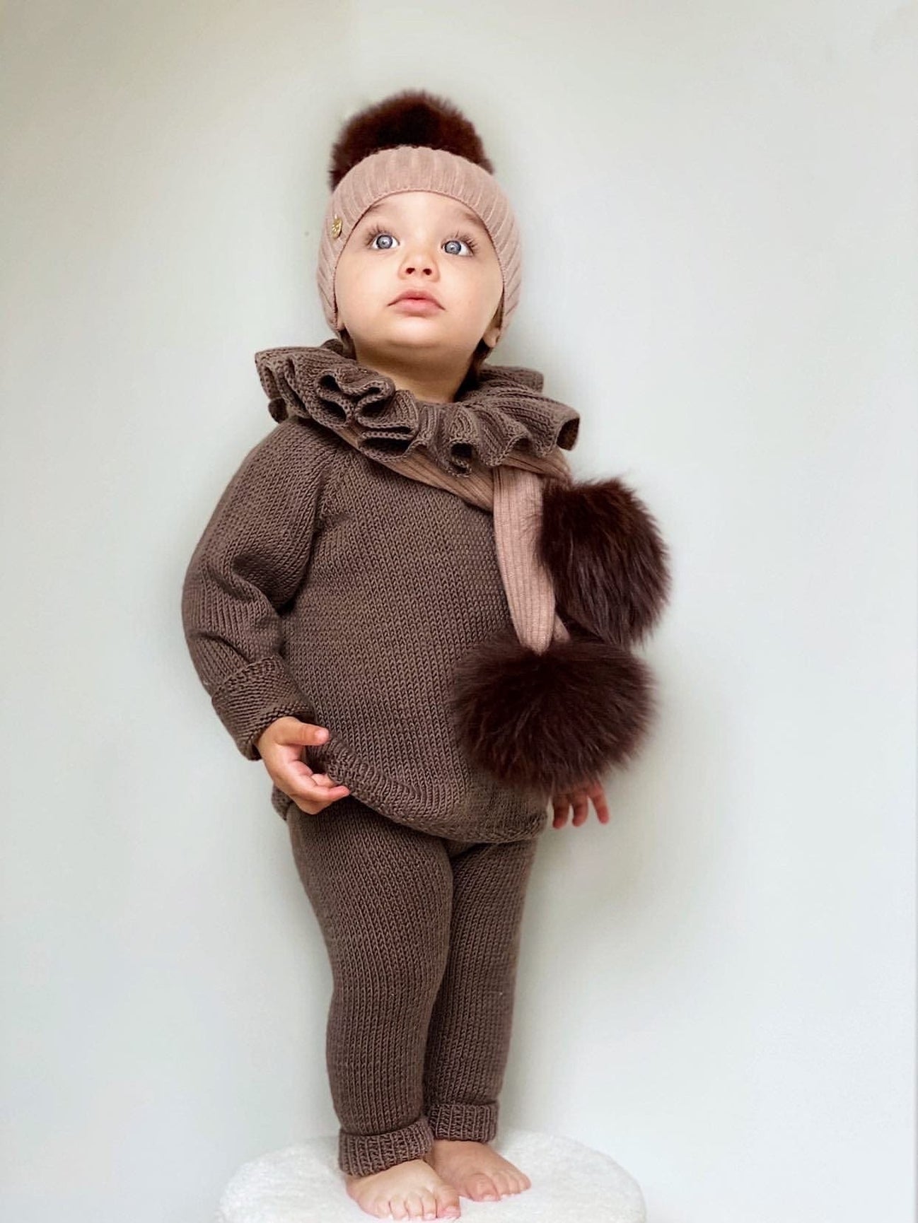 Unisex | Misha Ribbed Angora Hat Fur Pom | Beige x Brown
