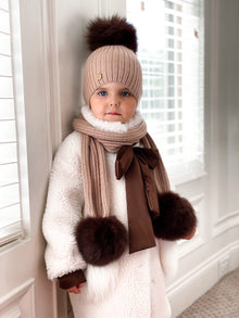 Unisex | Misha Ribbed Angora Scarf Fur Poms | Brown