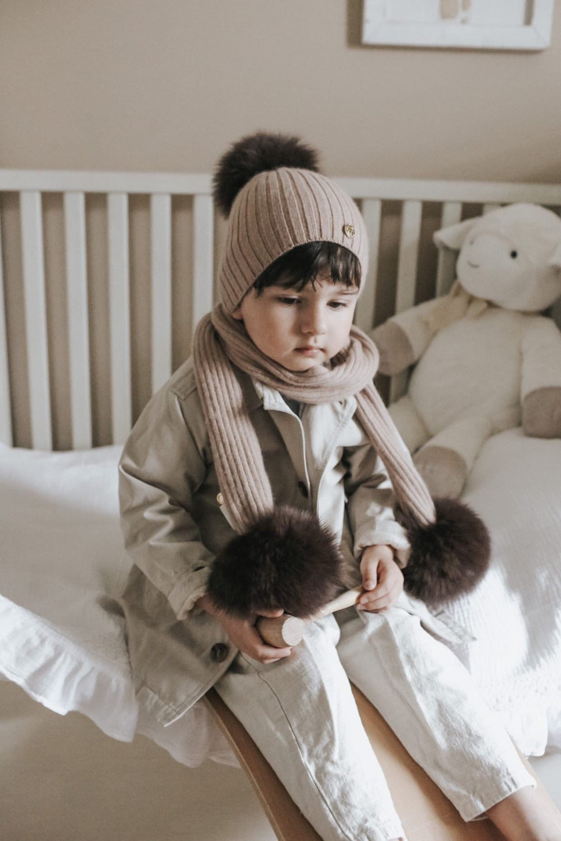 Unisex | Misha Ribbed Angora Scarf Fur Poms | Brown