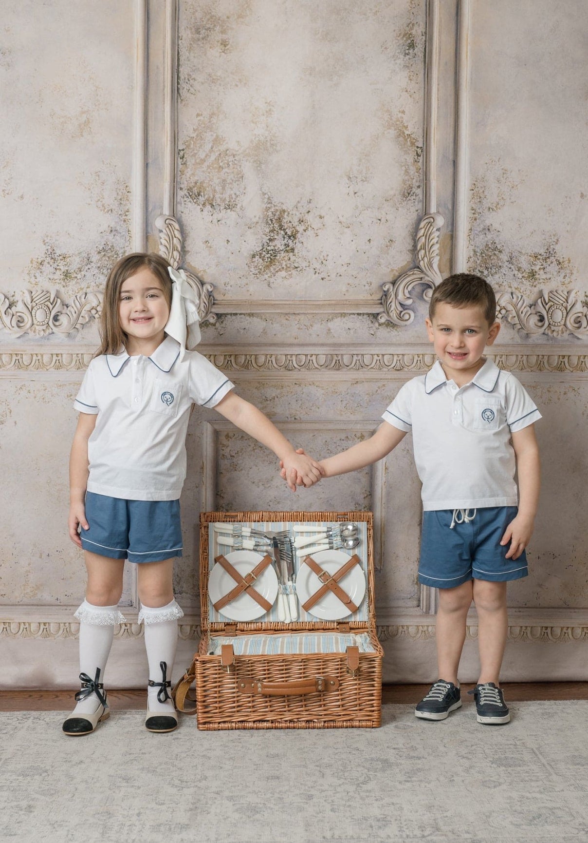 Unisex | and Pima Cotton Polo Top and Shorts Set | Navy x White