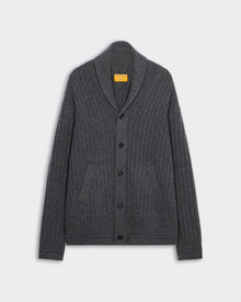 Varsity Cardigan - Charcoal textured rib knit with shawl collar, button front, side pockets, and cashmere blend fabric.