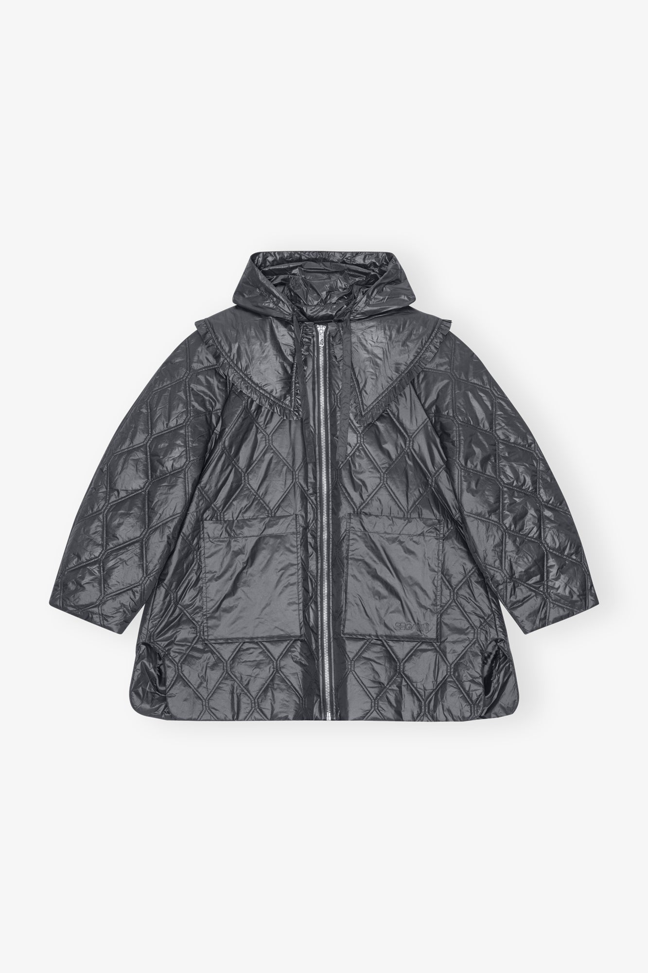 Shiny Quilt Midi Jacket | Black Sand