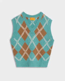 Argyle Vest - Glacier Combo sleeveless knit vest with turquoise and brown diamond pattern design