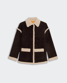 Grizzly Jacket - Burnt Cocoa/Oatmeal with fluffy cream collar, cuffs, pockets, and trim on dark brown body.