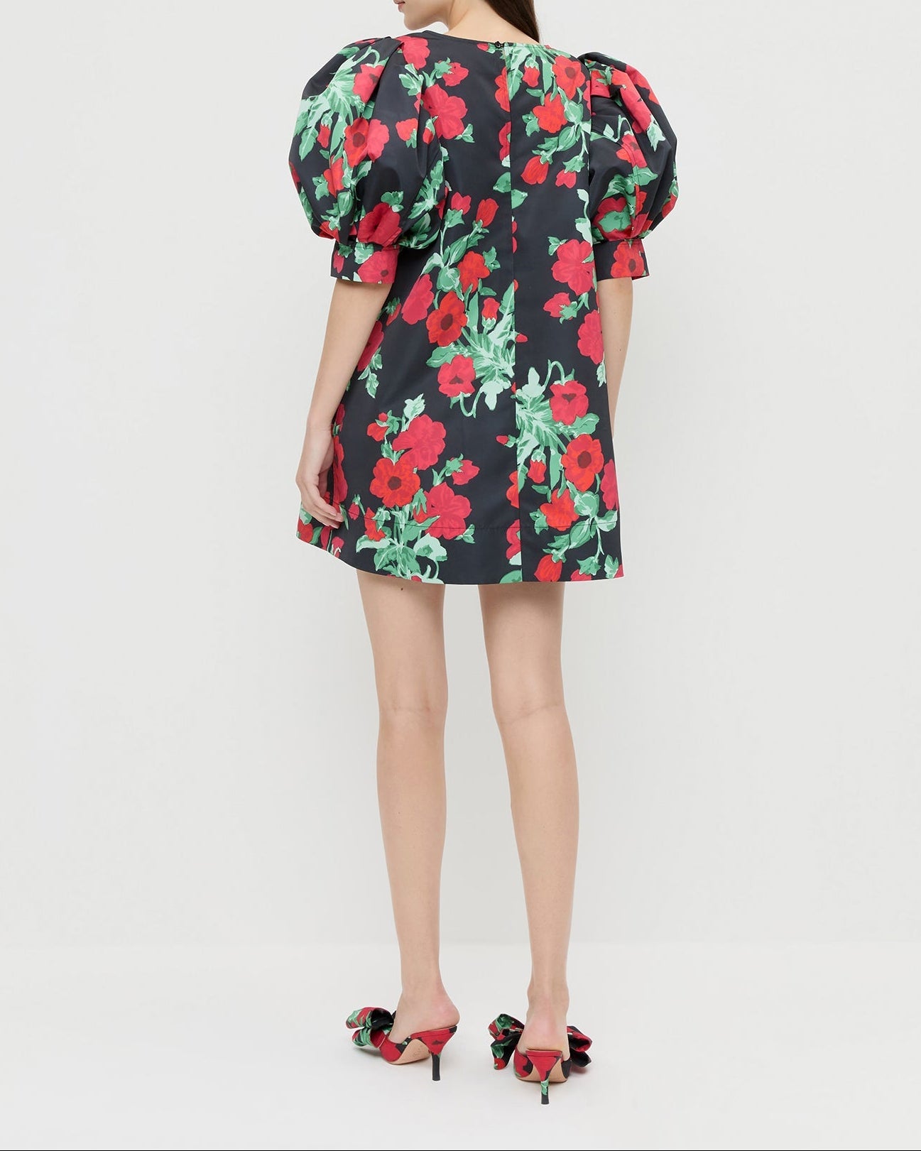 Willy Mini Dress in black floral faille material and Margot Black Floral Bow Mule.