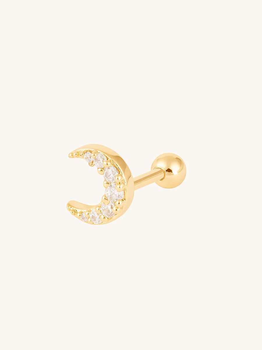 Crescent Diamante Barbell Earring | 5A Grade Cubic Zirconia | 14K Gold Plated Brass