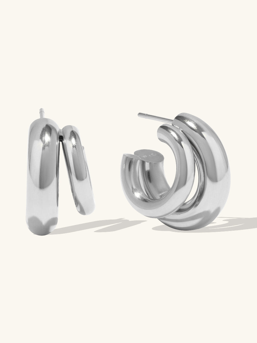 Hailey Double Nano Hoop 9mm Earrings  | Silver Rhodium Plated Brass