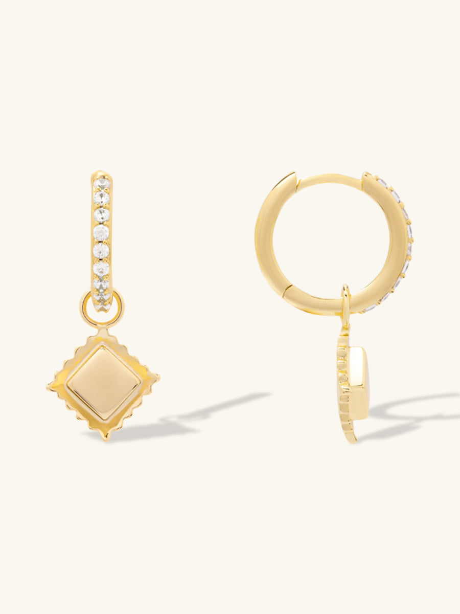 Ravioli Charm Huggie Earrings | 5A Grade Cubic Zirconia | 14K Gold Plated Brass