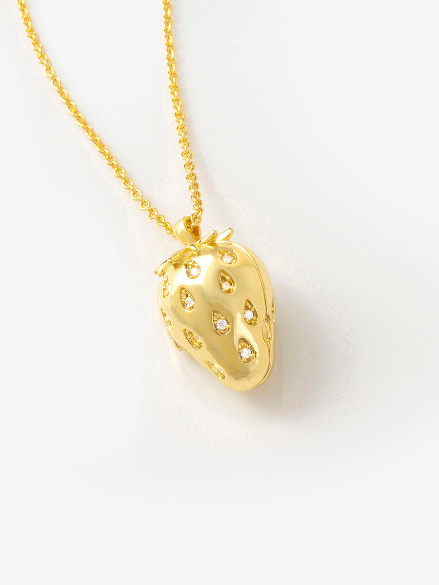 Strawberry Locket Necklace | 5A Grade Cubic Zirconia | 14K Gold Plated Brass