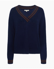 Women | Deep V Neck Varsity Pullover Sweater | Noir Navy Chestnut