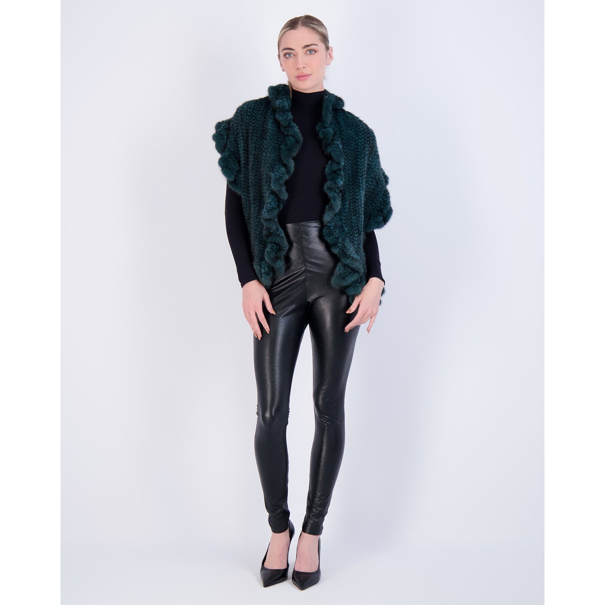 Women | Knit Mink Ruffle Stole | Emerald