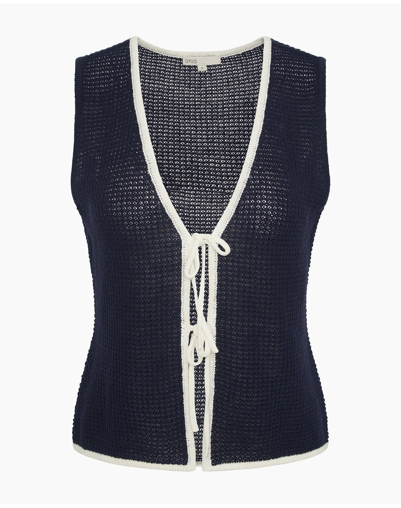 Women | Linen Knit Tie Front Tank Top | Noir Navy x Egret