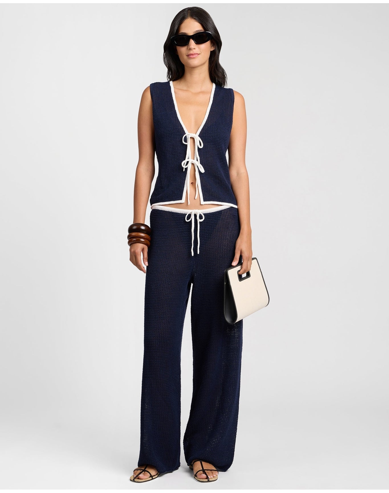 Women | Linen Knit Tie Front Tank Top | Noir Navy x Egret