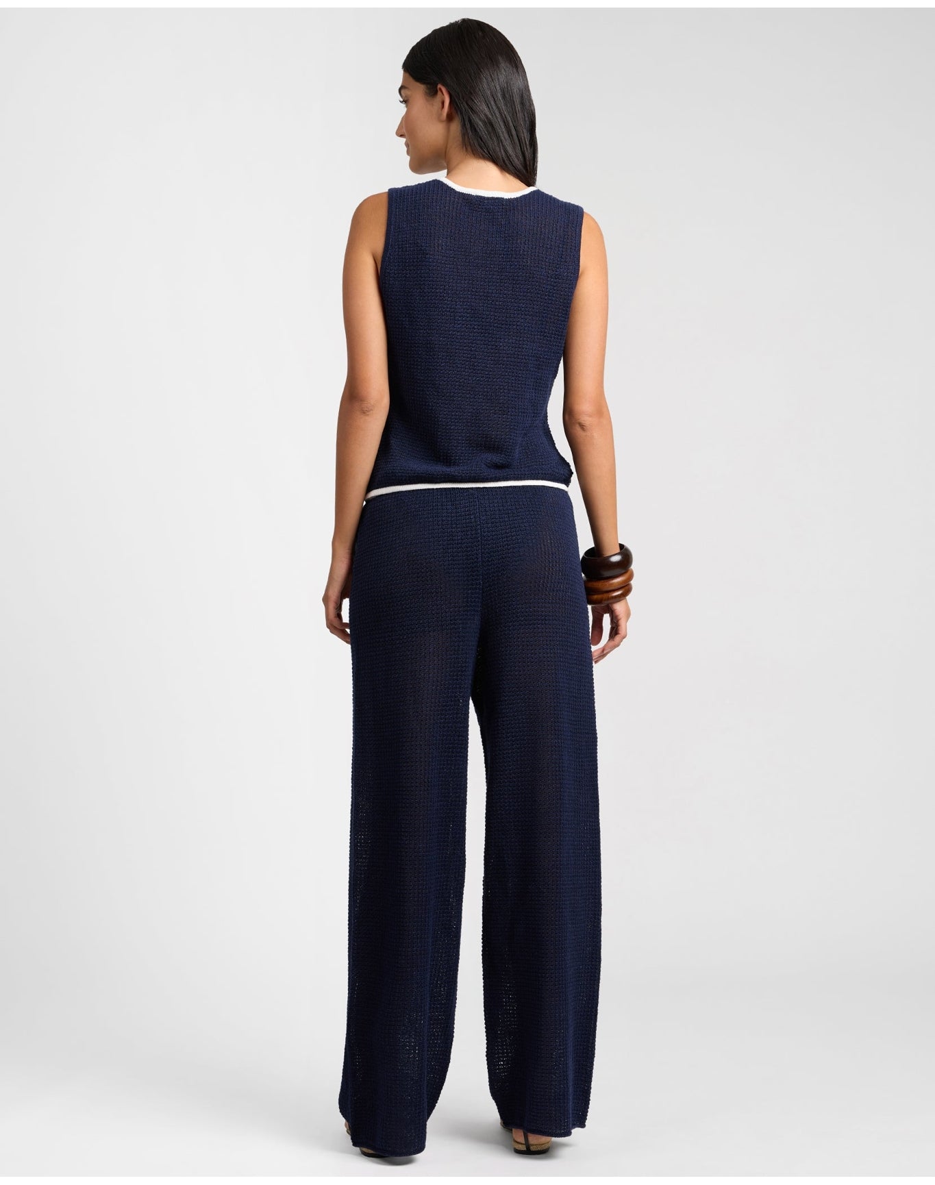 Women | Linen Knit Tie Front Tank Top | Noir Navy x Egret