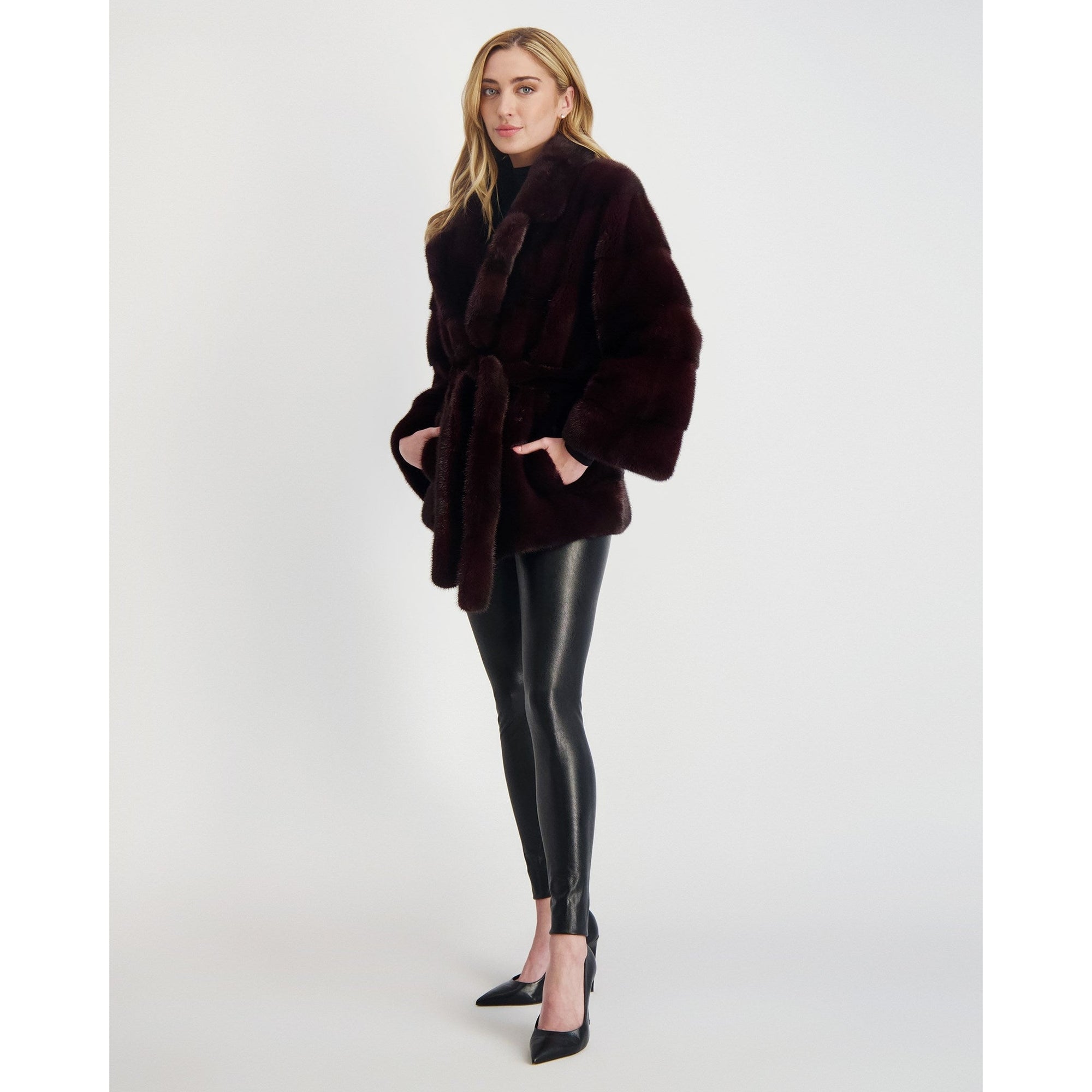 Women | Mink Jacket With Belt | Burgundy