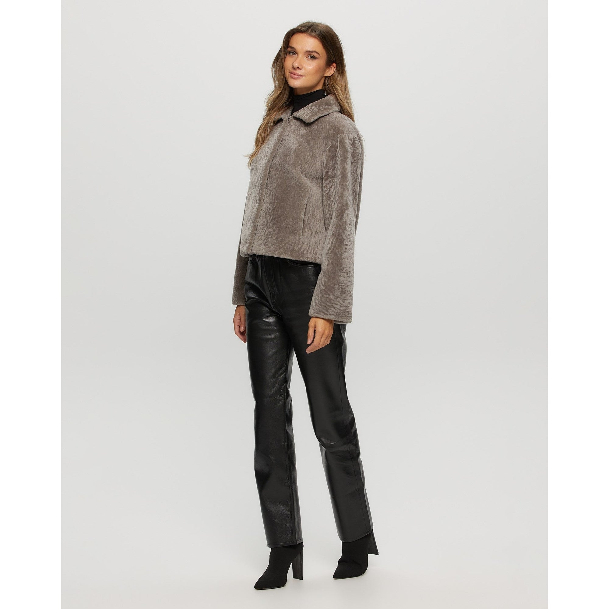 Women | Textured Shearling Lamb Jacket | Gray