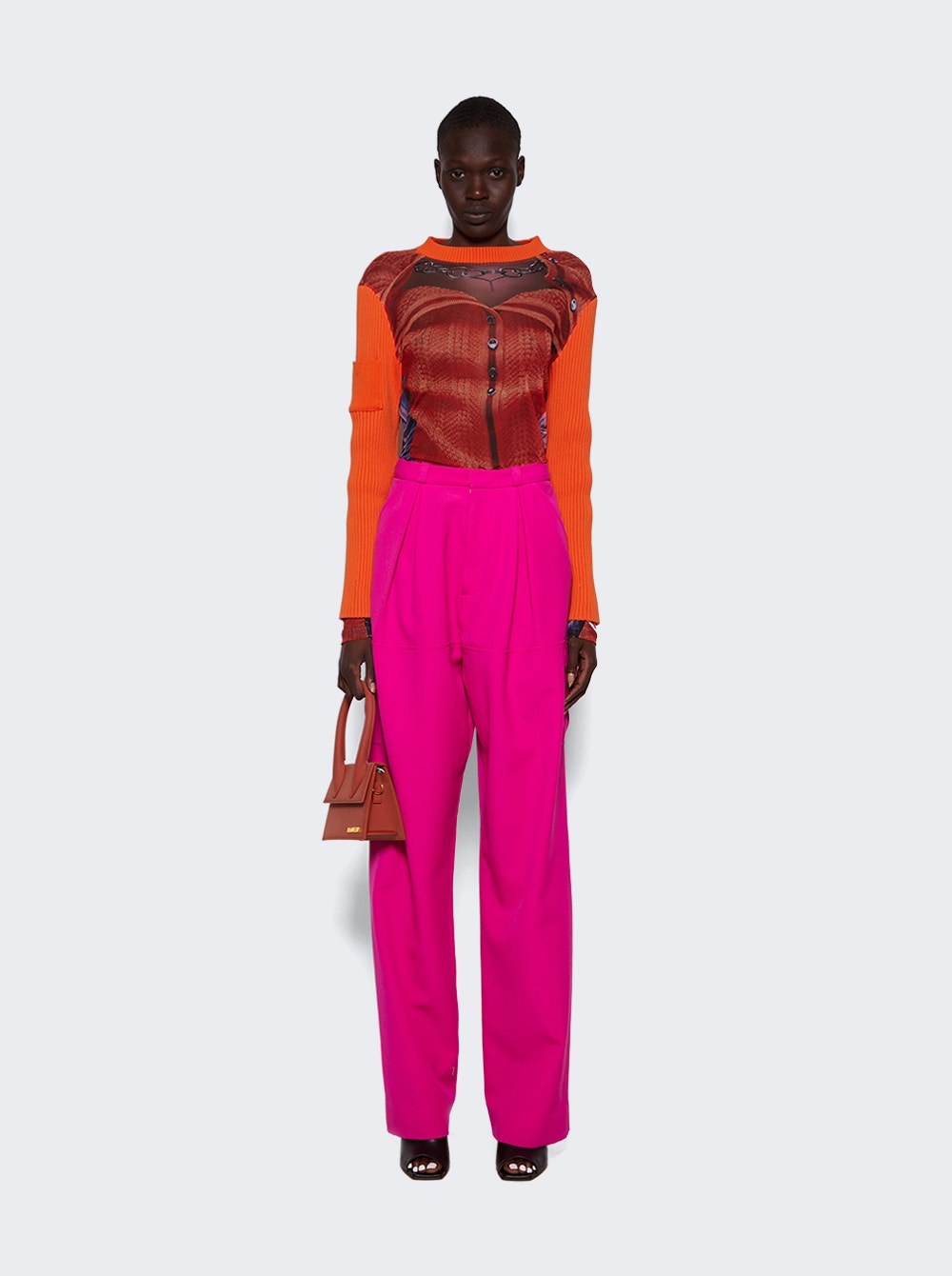 Women | Y/PROJECT X Jean Paul Gaultier | Trompe-l'oeil Ruffle Cardigan Top | Burnt Orange