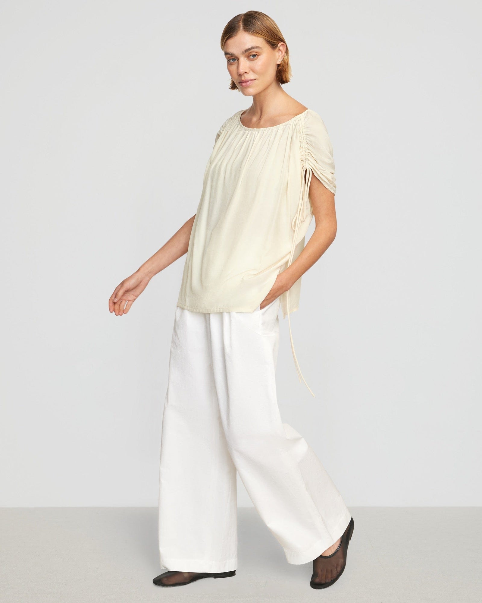 Akari Semi-Sheer Gathered-Shoulder Blouse | Cream