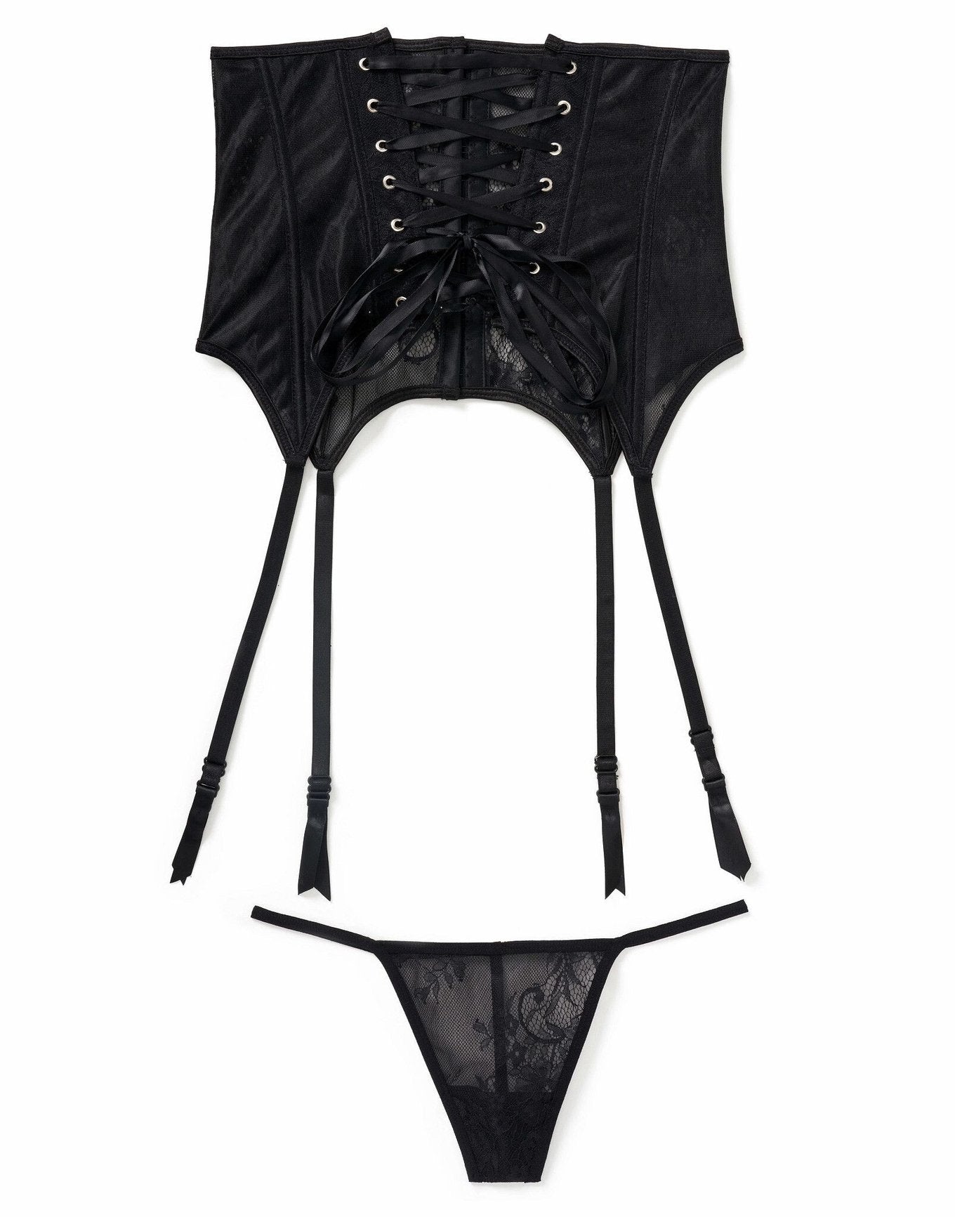 Adore Me Iris Underbust Corset & G-String Set in color Jet Black and shape corset