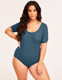 Adore Me Guilia Short-Sleeve Bodysuit in color Indian Teal and shape bodysuit