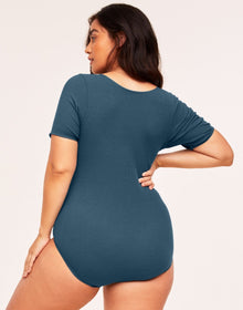 Adore Me Guilia Short-Sleeve Bodysuit in color Indian Teal and shape bodysuit