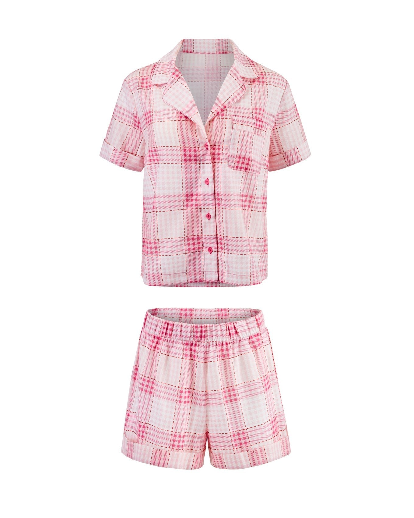 Adore Me Lucero Short Sleeve Top & Shorts PJ Set in color Nautical Gingham C01 and shape pj