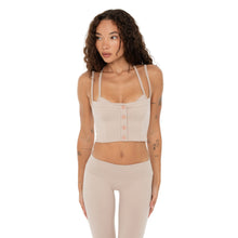 Front view close-up of Kylen Top in nude with functional center buttons. **nude