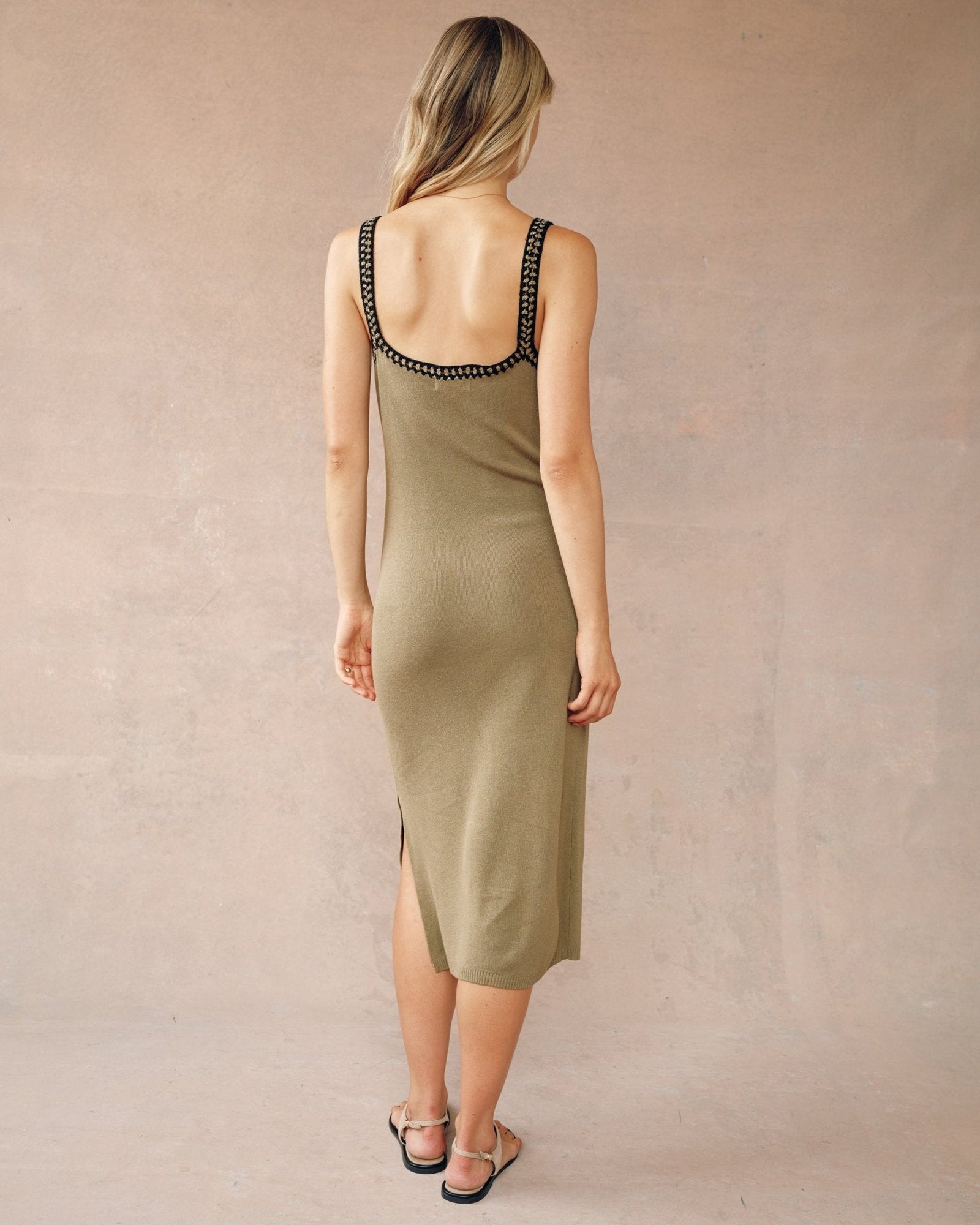 Crocheted Trim V-Neck Midi Dress | Olive Oasis
