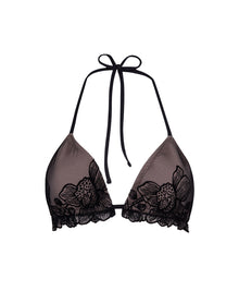 Black lace bikini top on a white background