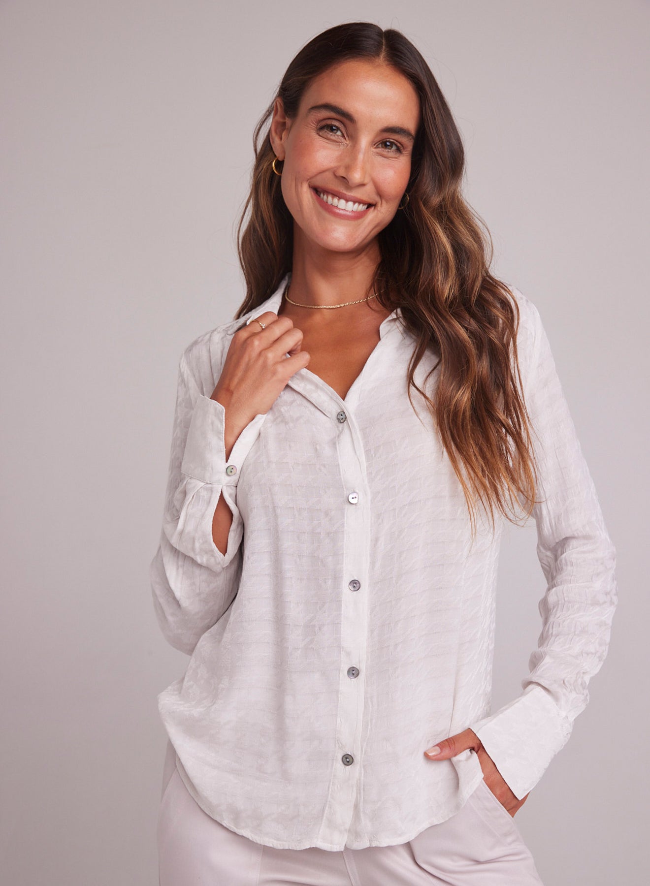 Pleated Button Down Shirt -Soft Alabaster