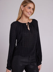 Shirred Raglan Tie Front Blouse - Black