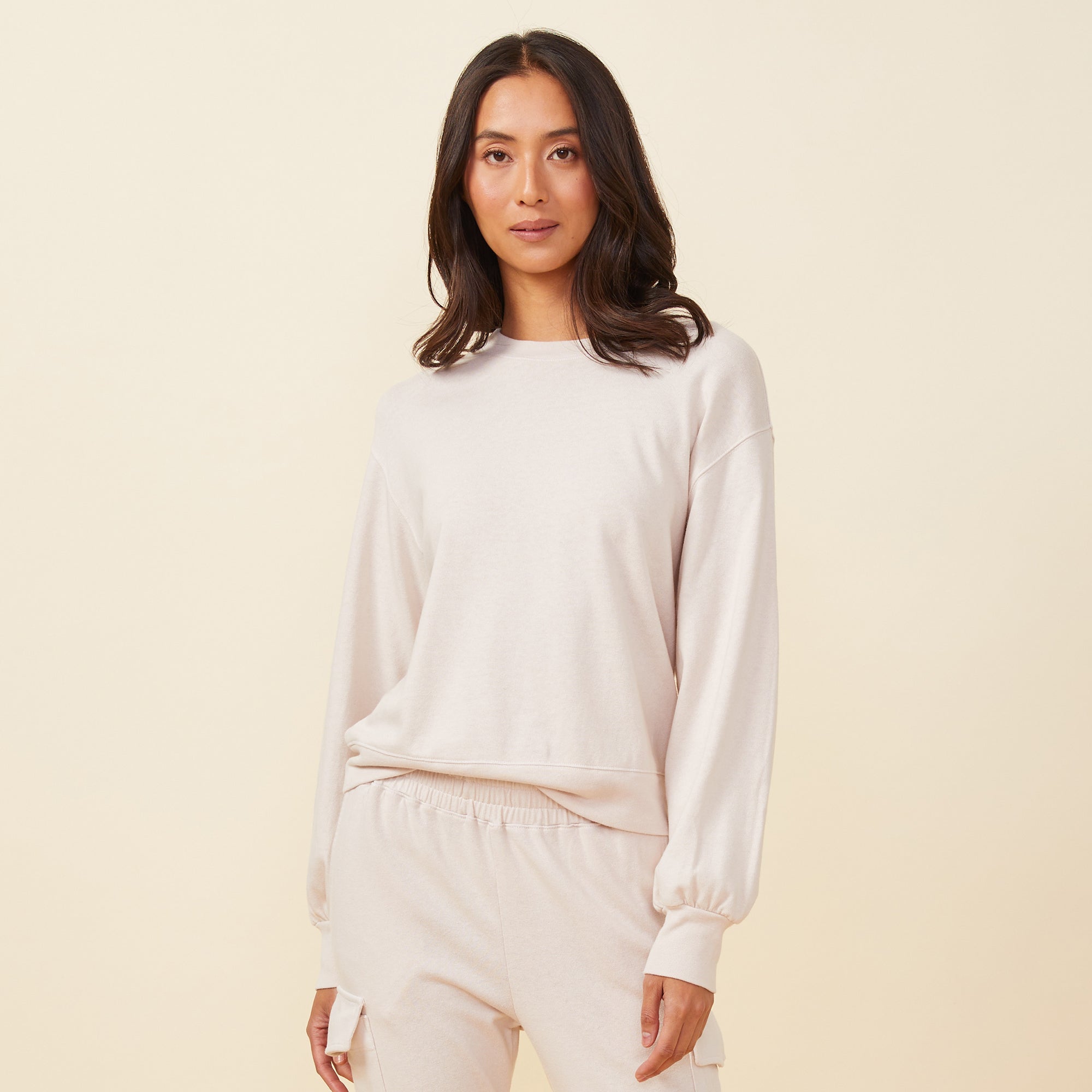 Blouson Sleeve Crew Neck Sweatshirt | Women | Bone