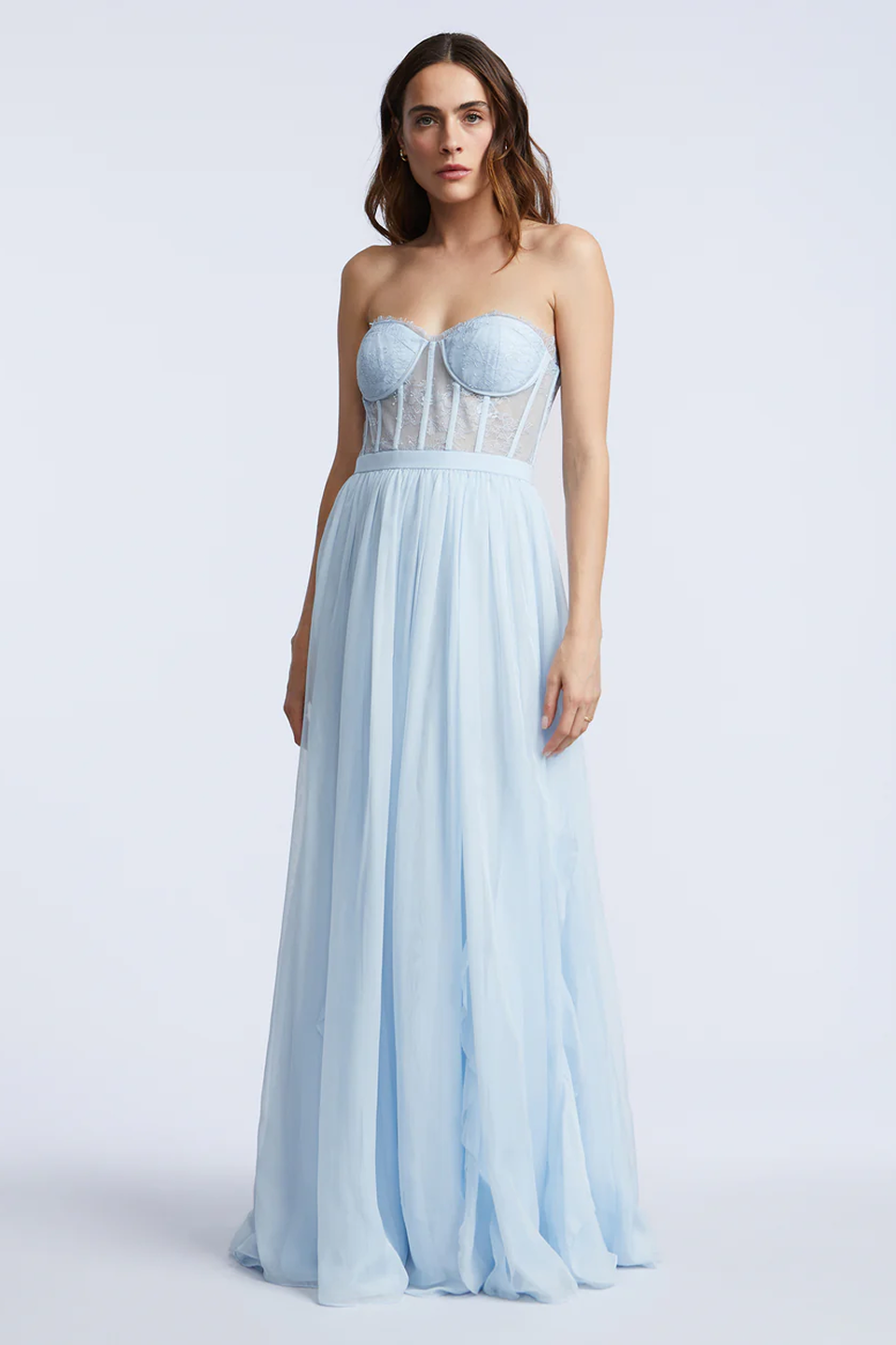 Lace Bodice Chiffon Ruffle Gown | Skyway