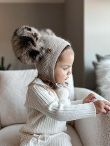 Honeycomb Beige Cashmere Bonnet with Animal Print Poms | Beige