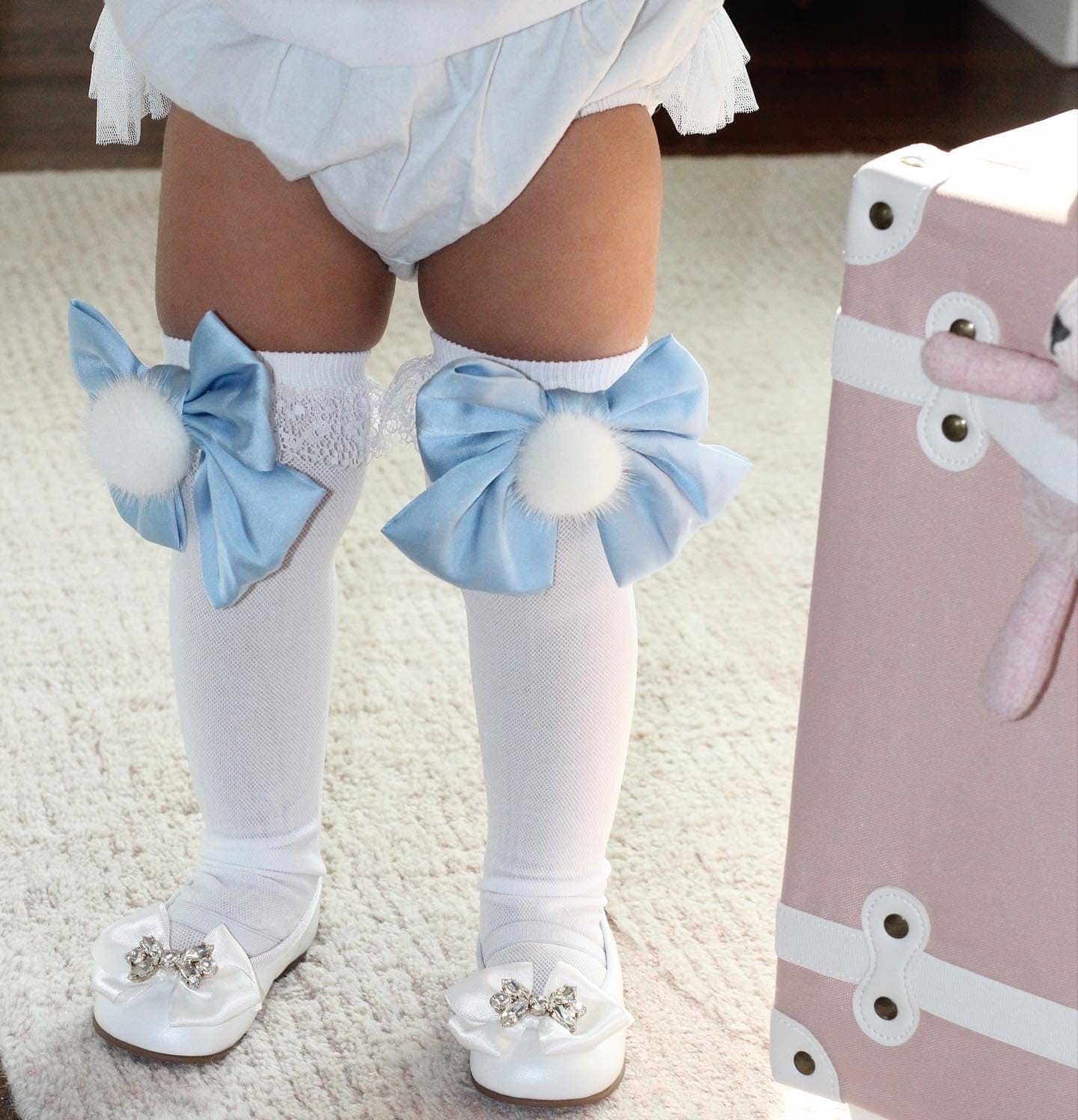 Lana Ruffle Socks with Poms and Bows  | Blue