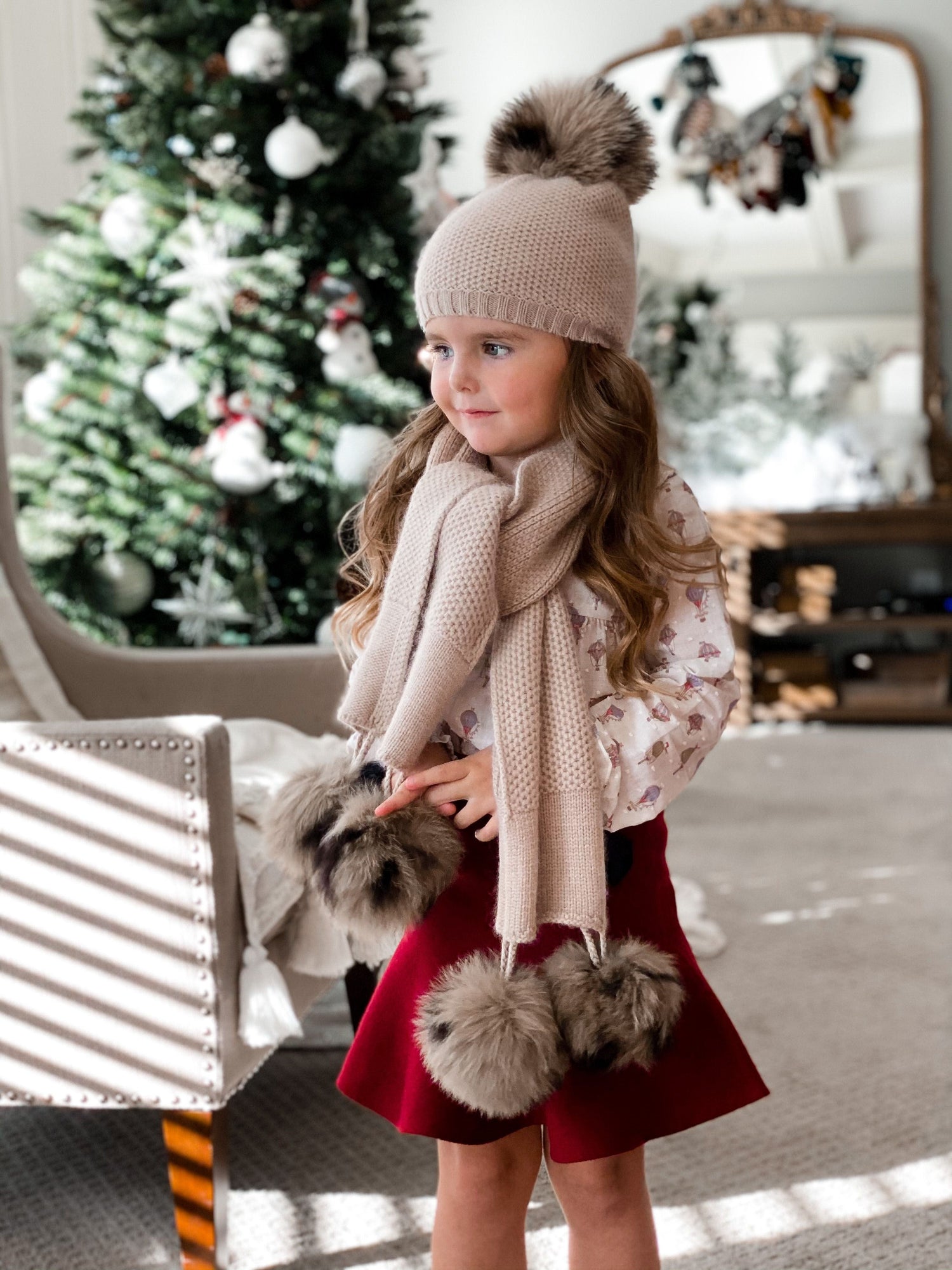 Honeycomb Beige Cashmere Beanie with Animal Print Poms - Petite Maison Kids