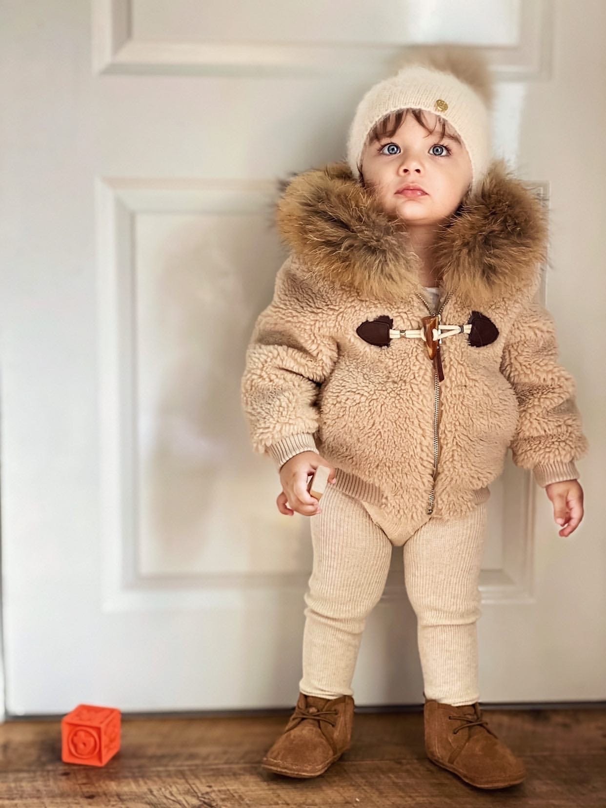 Shearling Camel Bomber Coat Faux Fur - Petite Maison Kids