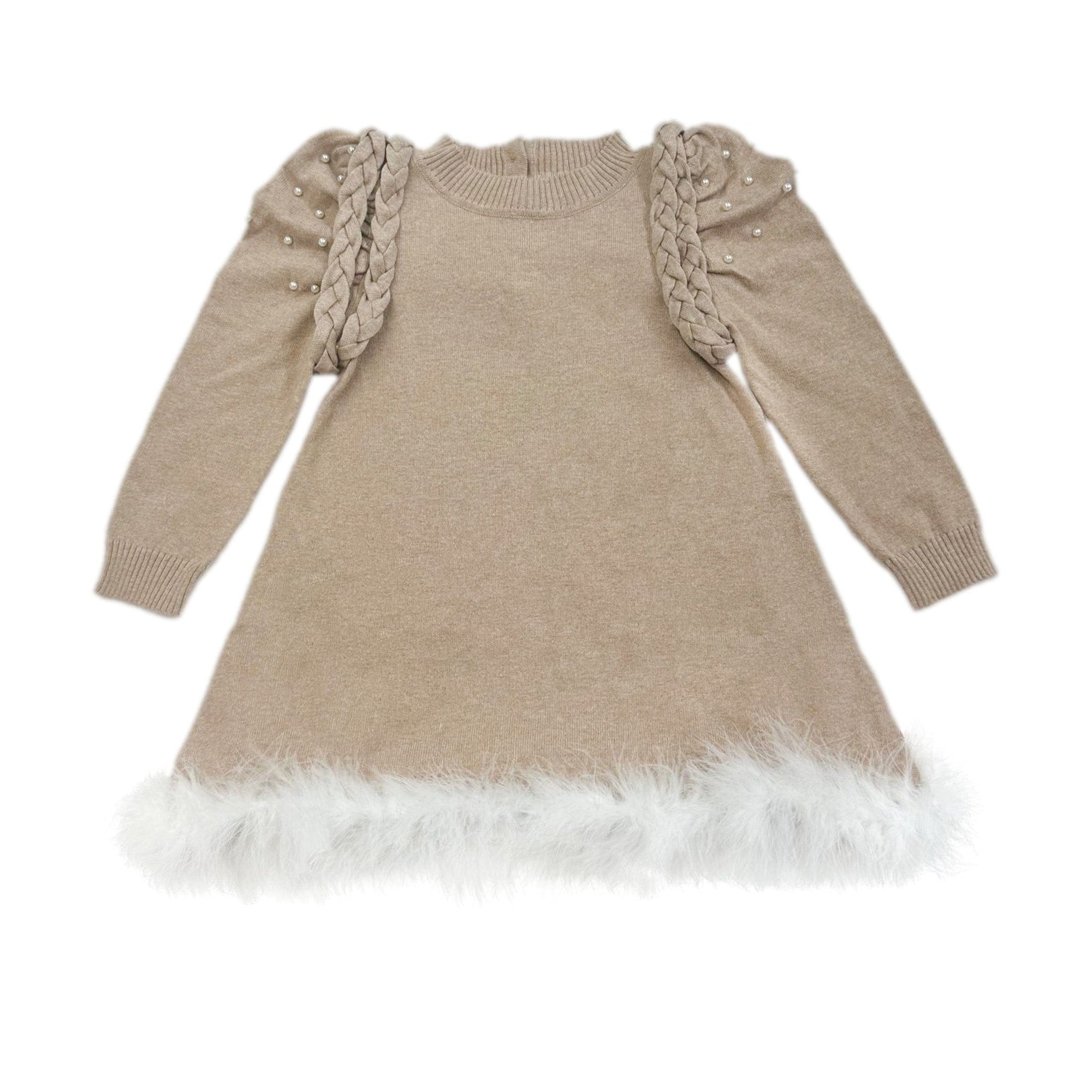 Anna Beige Knit Dress with Feathered Hem | Beige