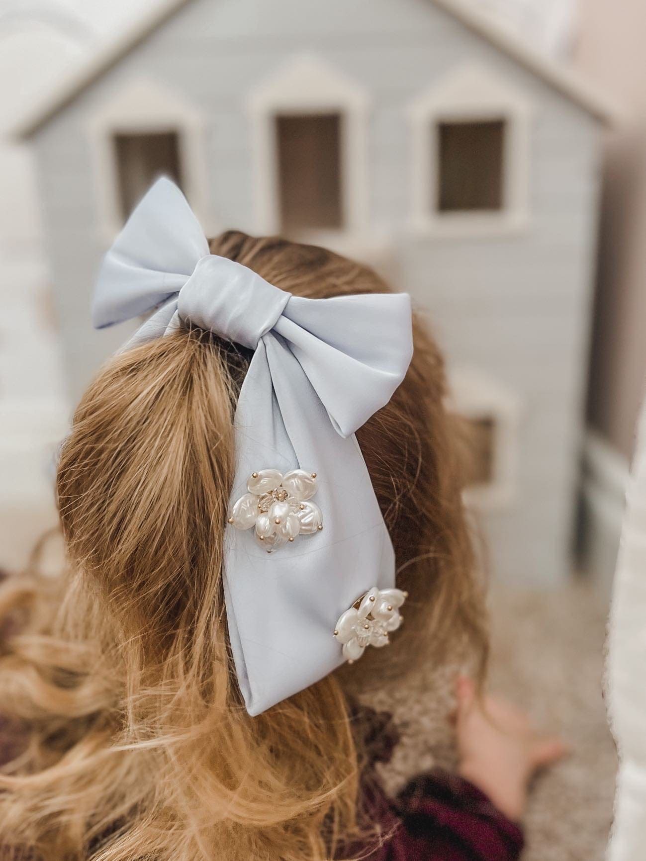 Anise Satin Embroidered Hair Bows  | Blue