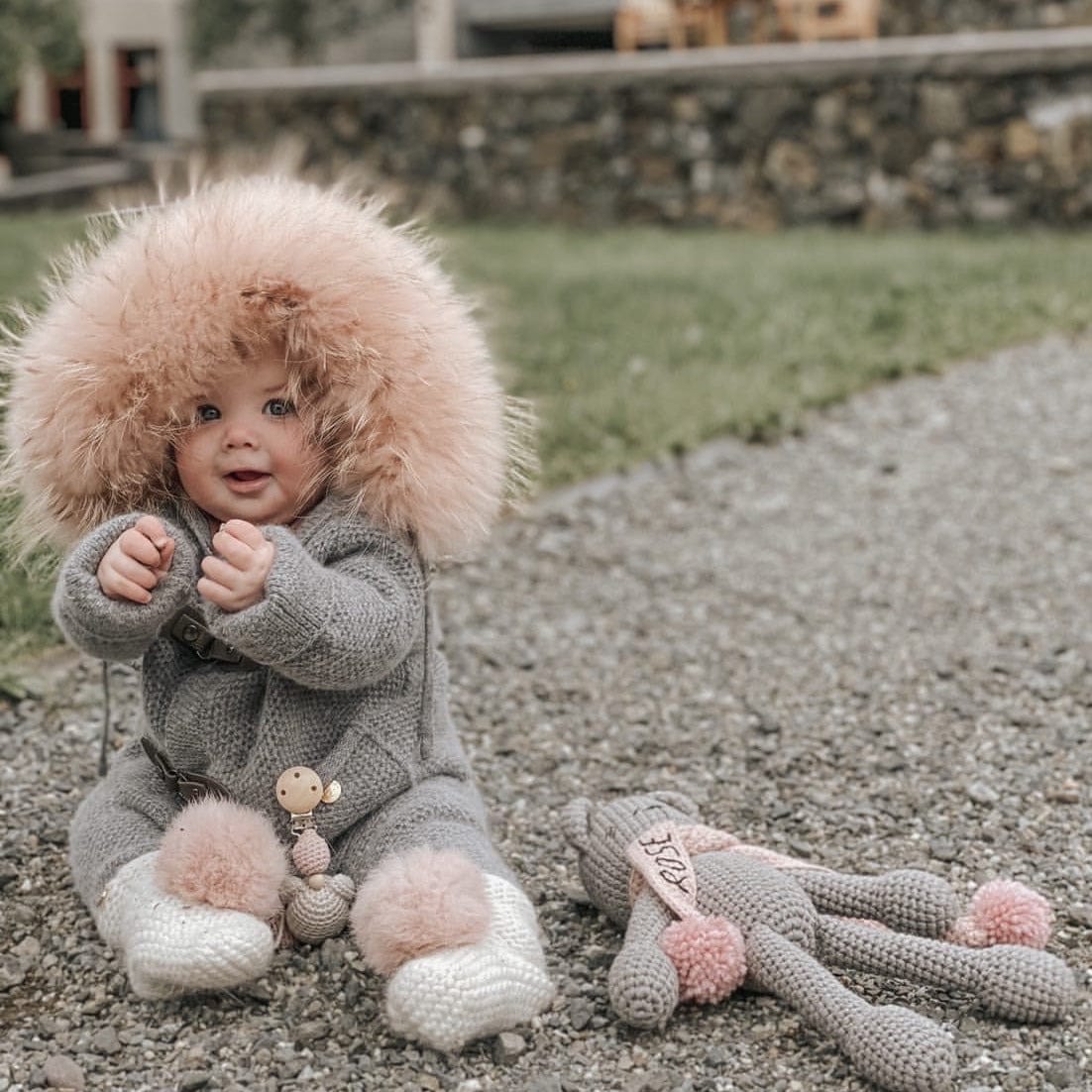 Honeycomb Grey Cashmere Pram Coat with Dusty Pink Trim - Petite Maison Kids