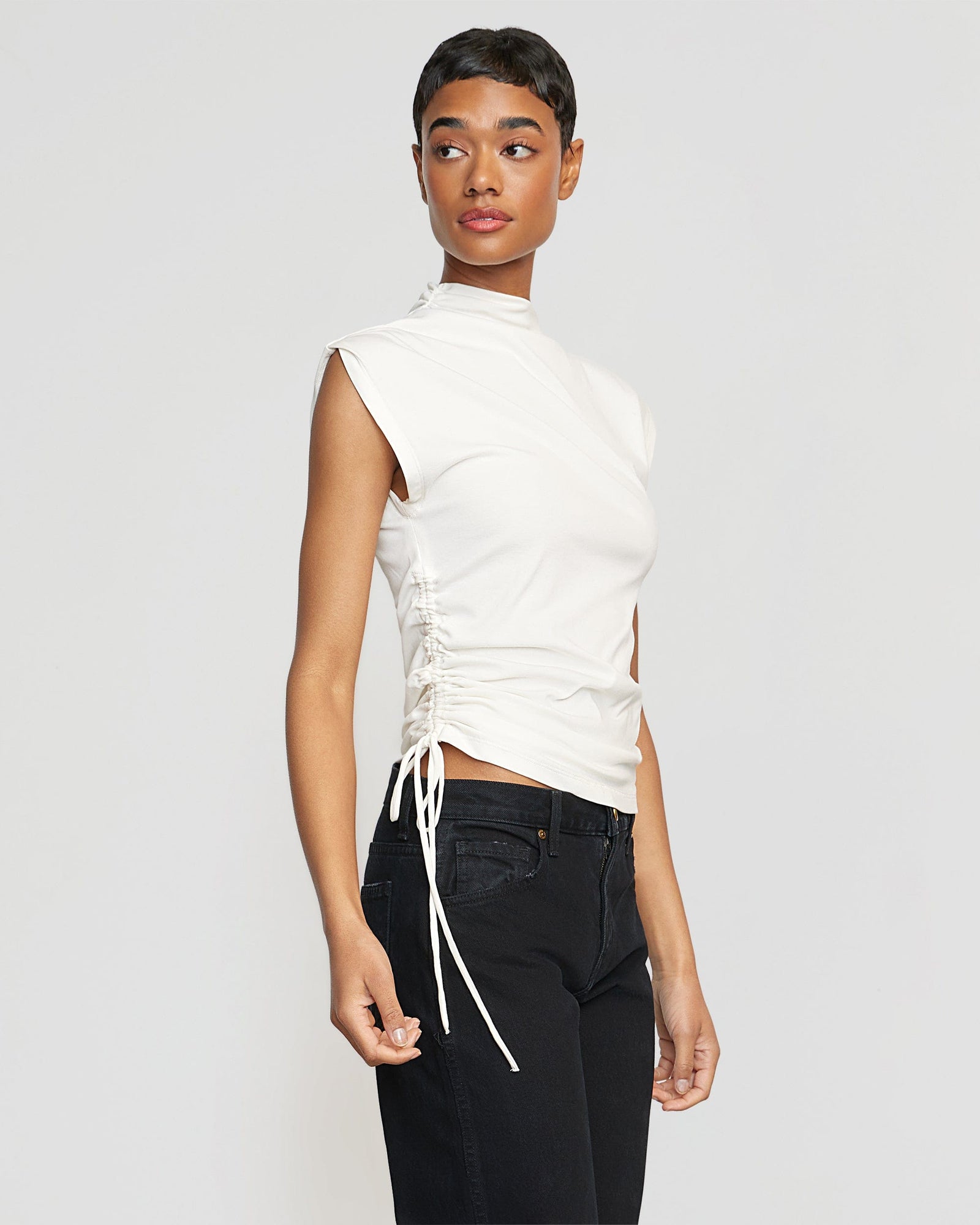 Simone | Jocelyn Asymmetrical Ruched Side Sleeveless Tee in Size Small