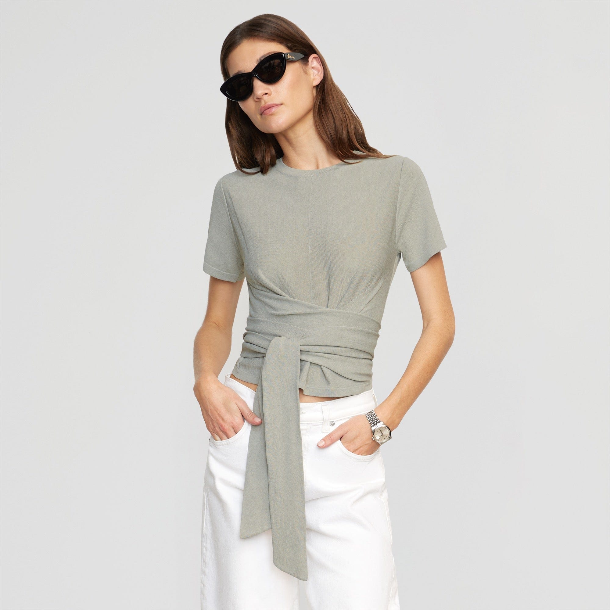 Jude Cropped Tie-Front Top | Dusty Sage