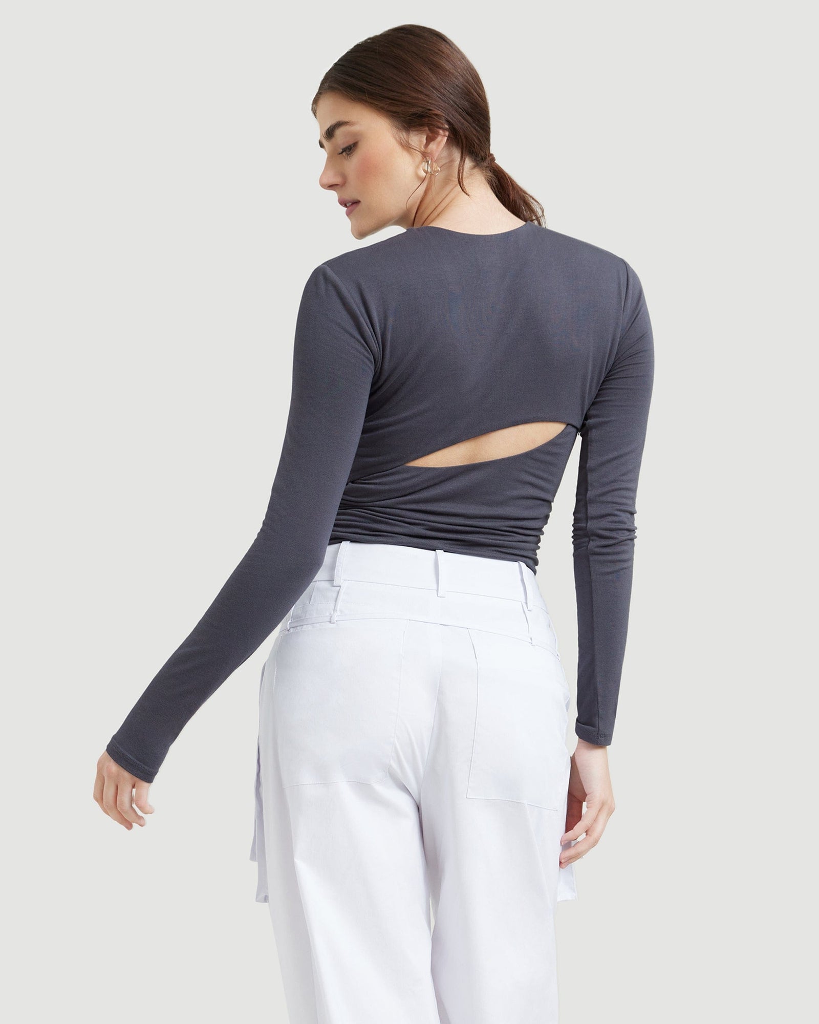 Morgan | Mia Ruched Long-Sleeve Tee in Size Small