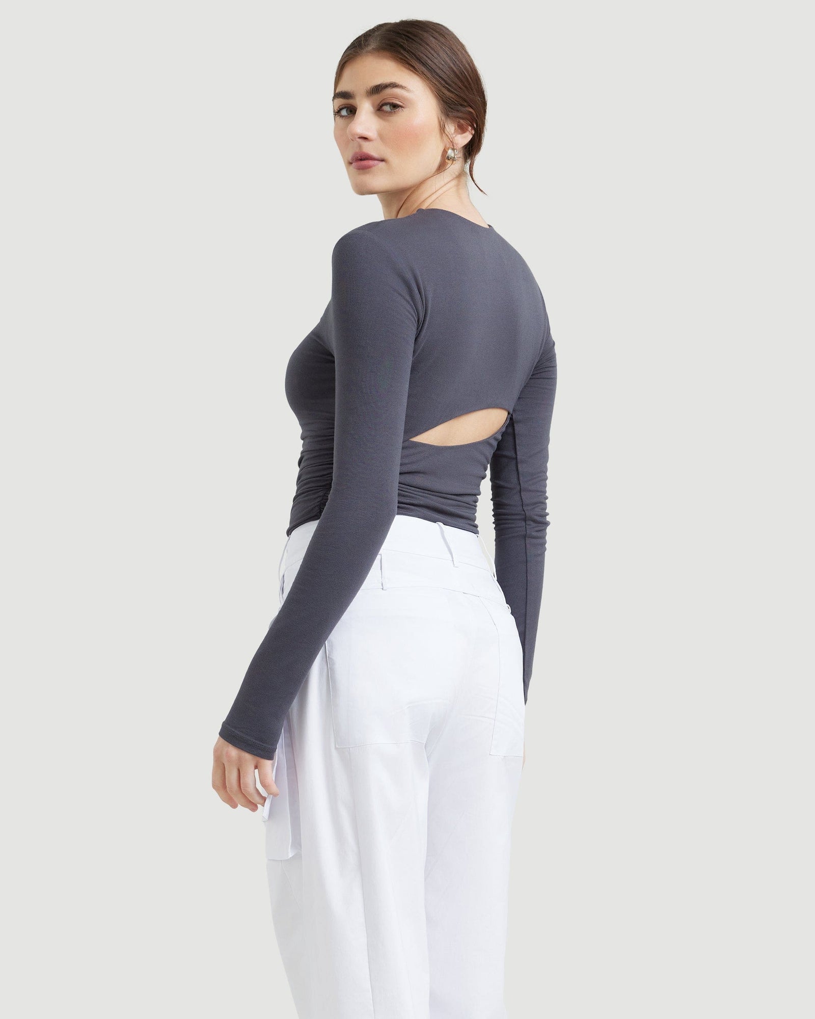 Morgan | Mia Ruched Long-Sleeve Tee in Size Small