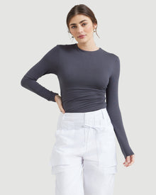 Morgan | Mia Ruched Long-Sleeve Tee in Size Small