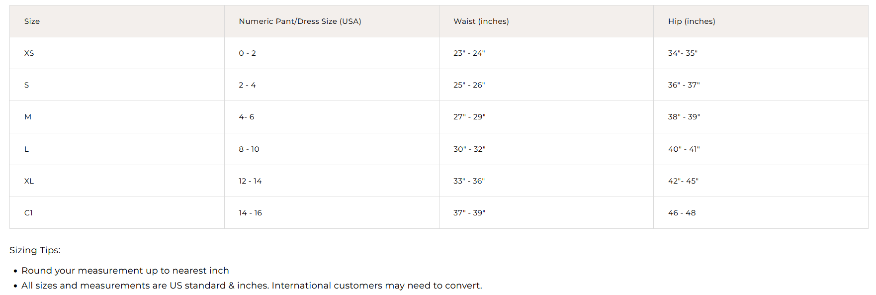 Product size guide