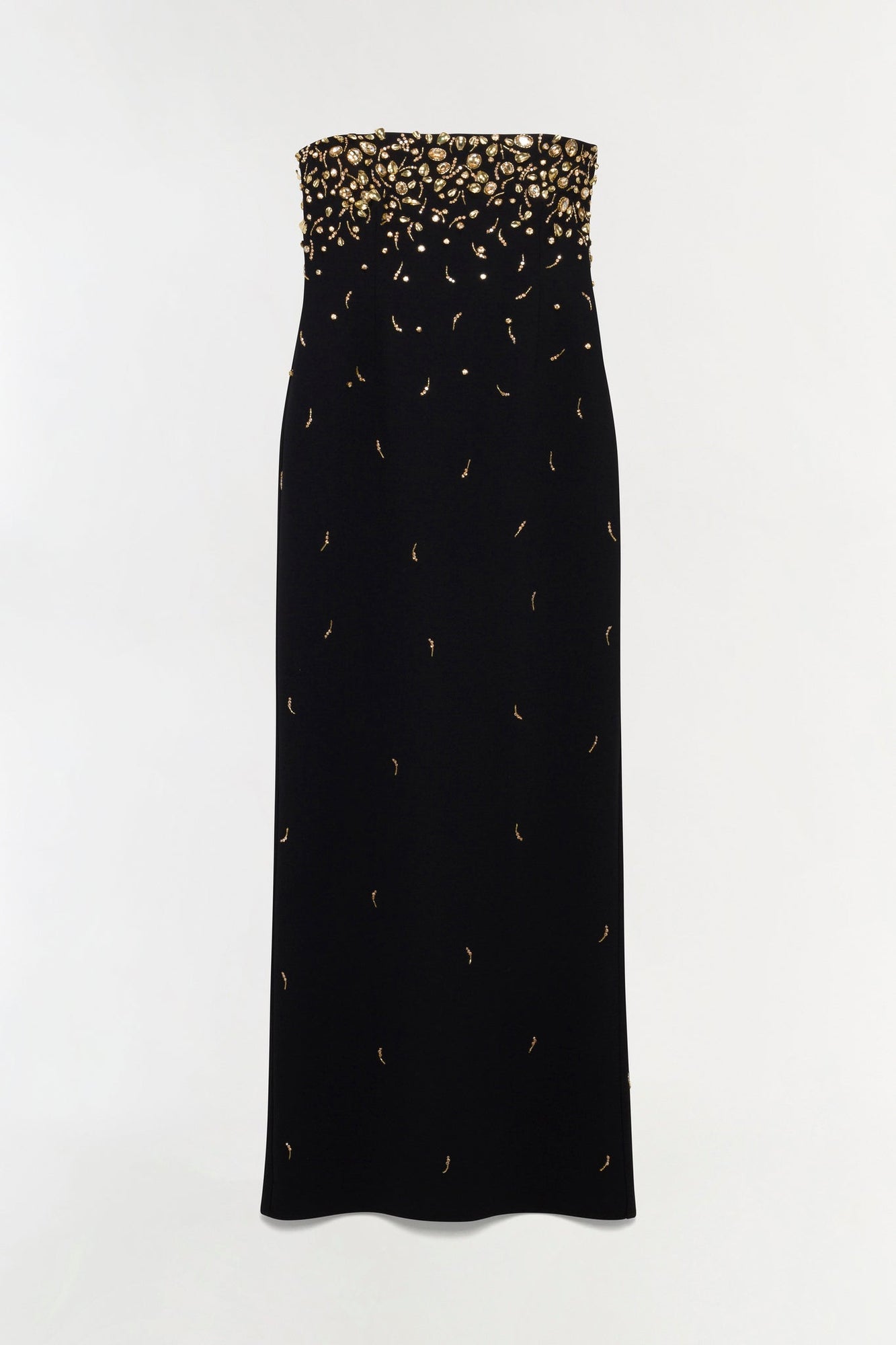 Black strapless gown with gold beaded embellishments concentrated at neckline, scattered down bodice.