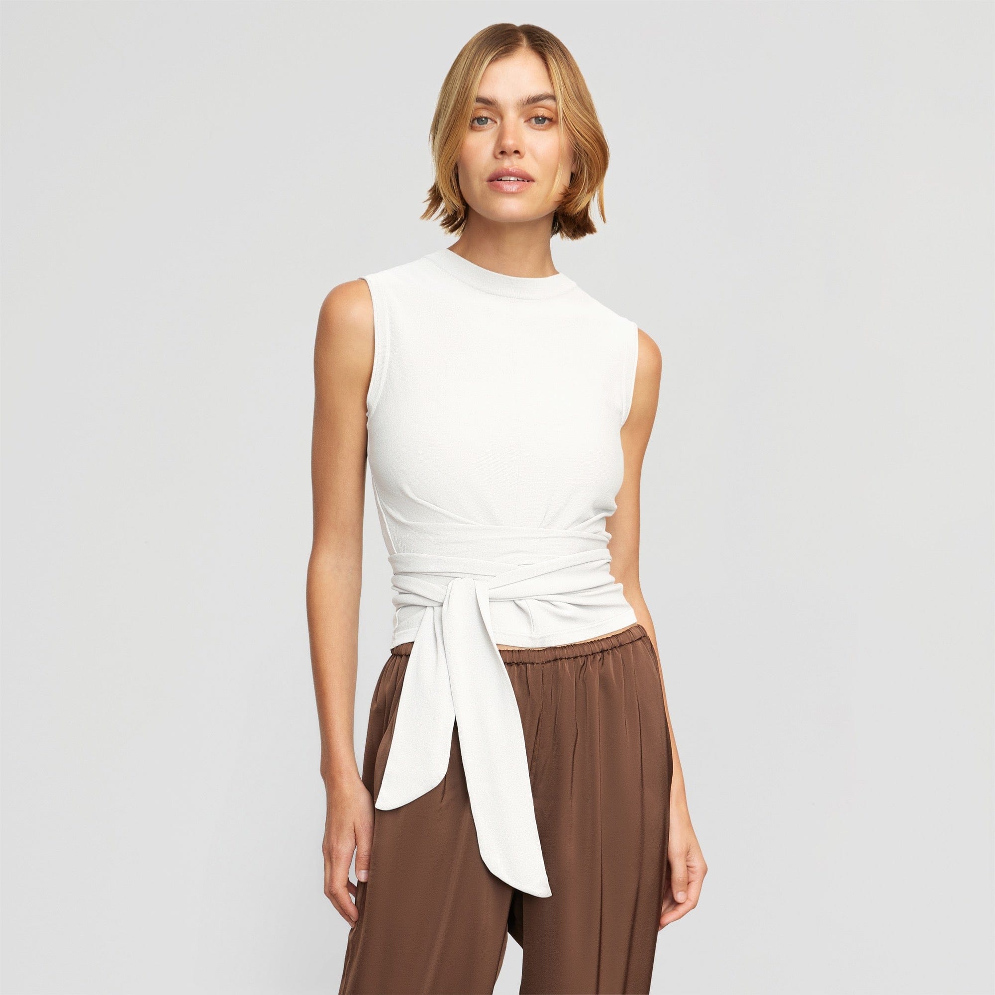 Rumi Cropped Sleeveless Wrap Top | White